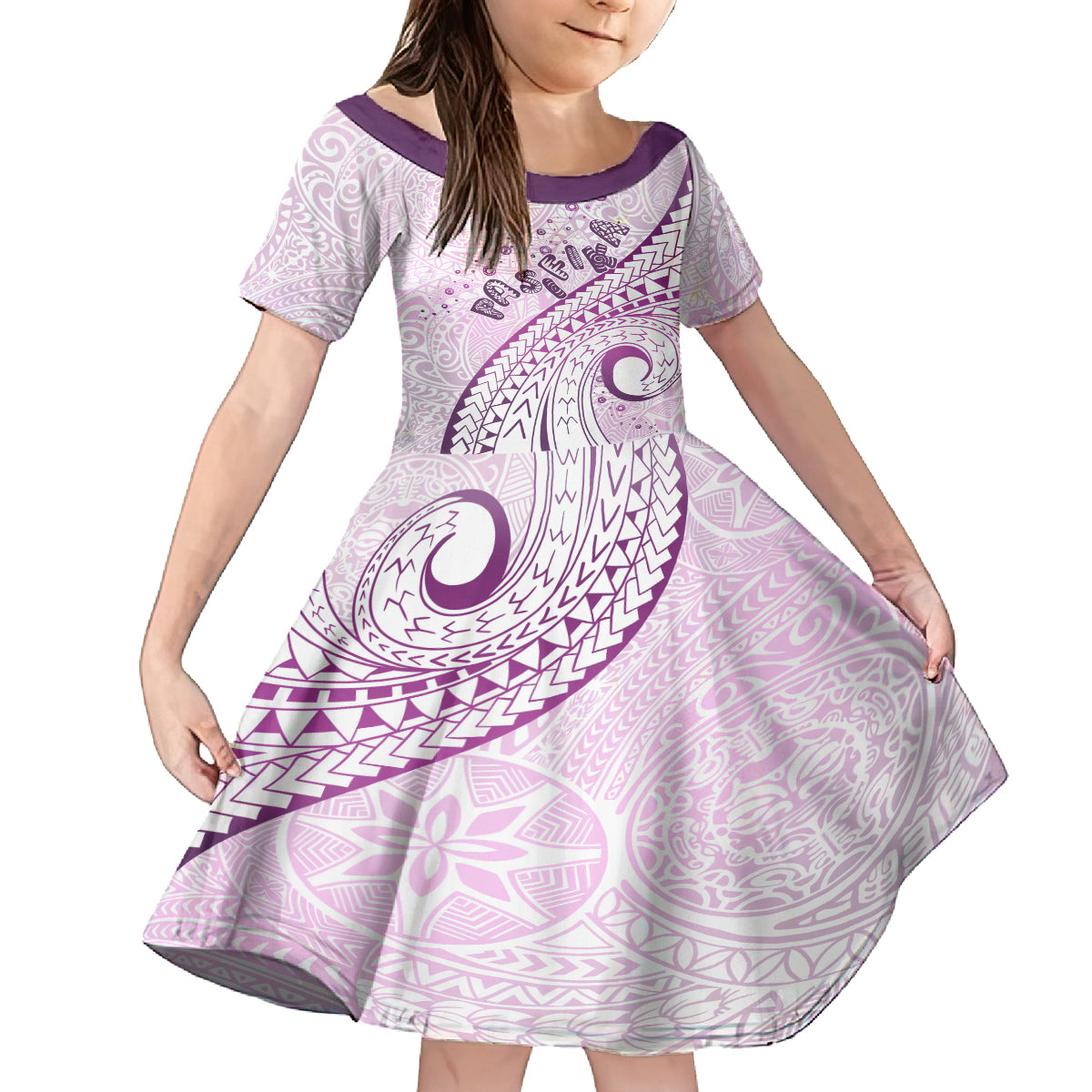 Pasifika Festival Kid Short Sleeve Dress Tribal Pattern Lilac Version LT01 KID Purple - Polynesian Pride