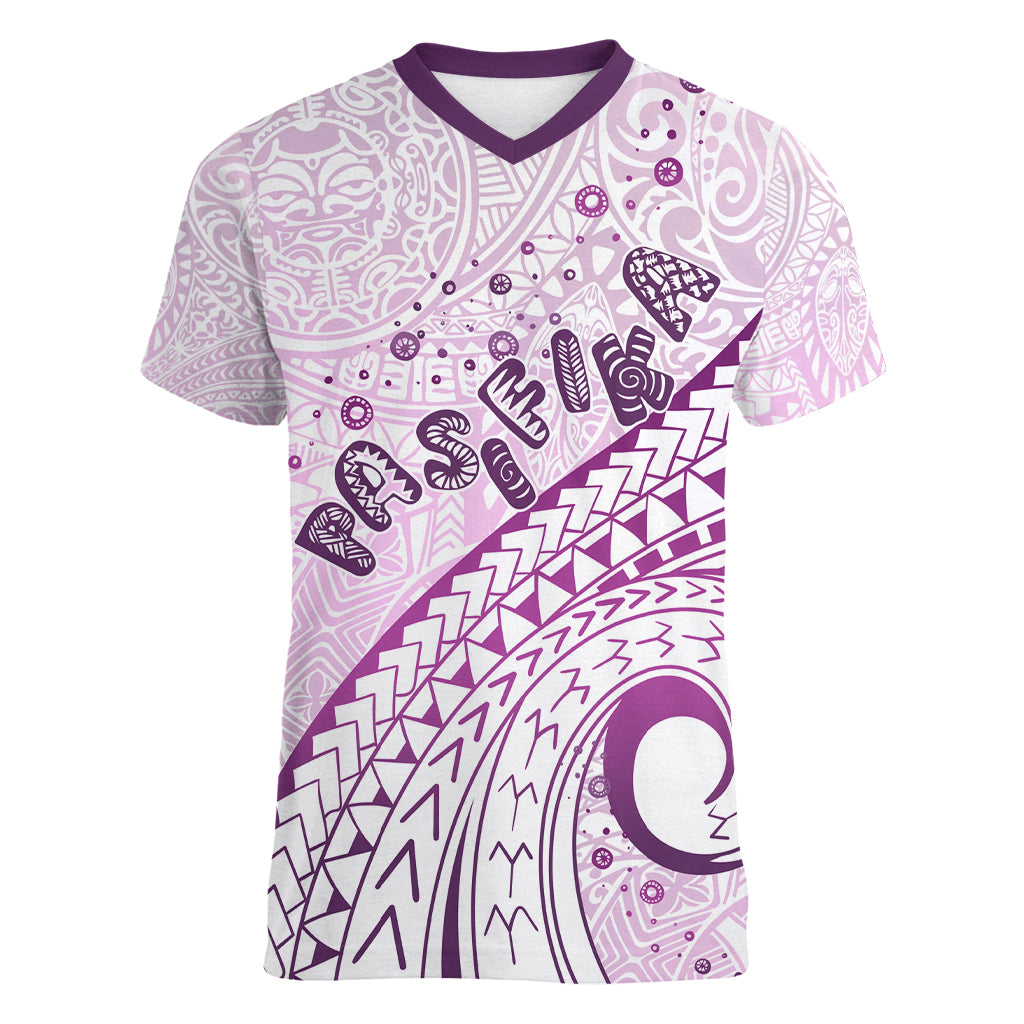 Pasifika Festival Women V Neck T Shirt Tribal Pattern Lilac Version LT01 Female Purple - Polynesian Pride