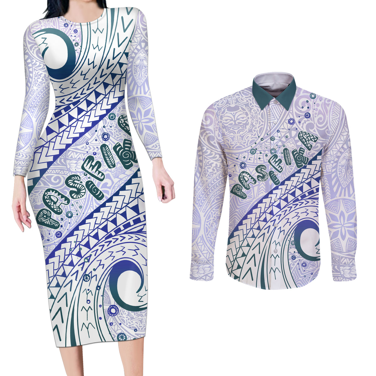 Pasifika Festival Couples Matching Long Sleeve Bodycon Dress and Long Sleeve Button Shirt Tribal Pattern Violet Version LT01 Purple - Polynesian Pride
