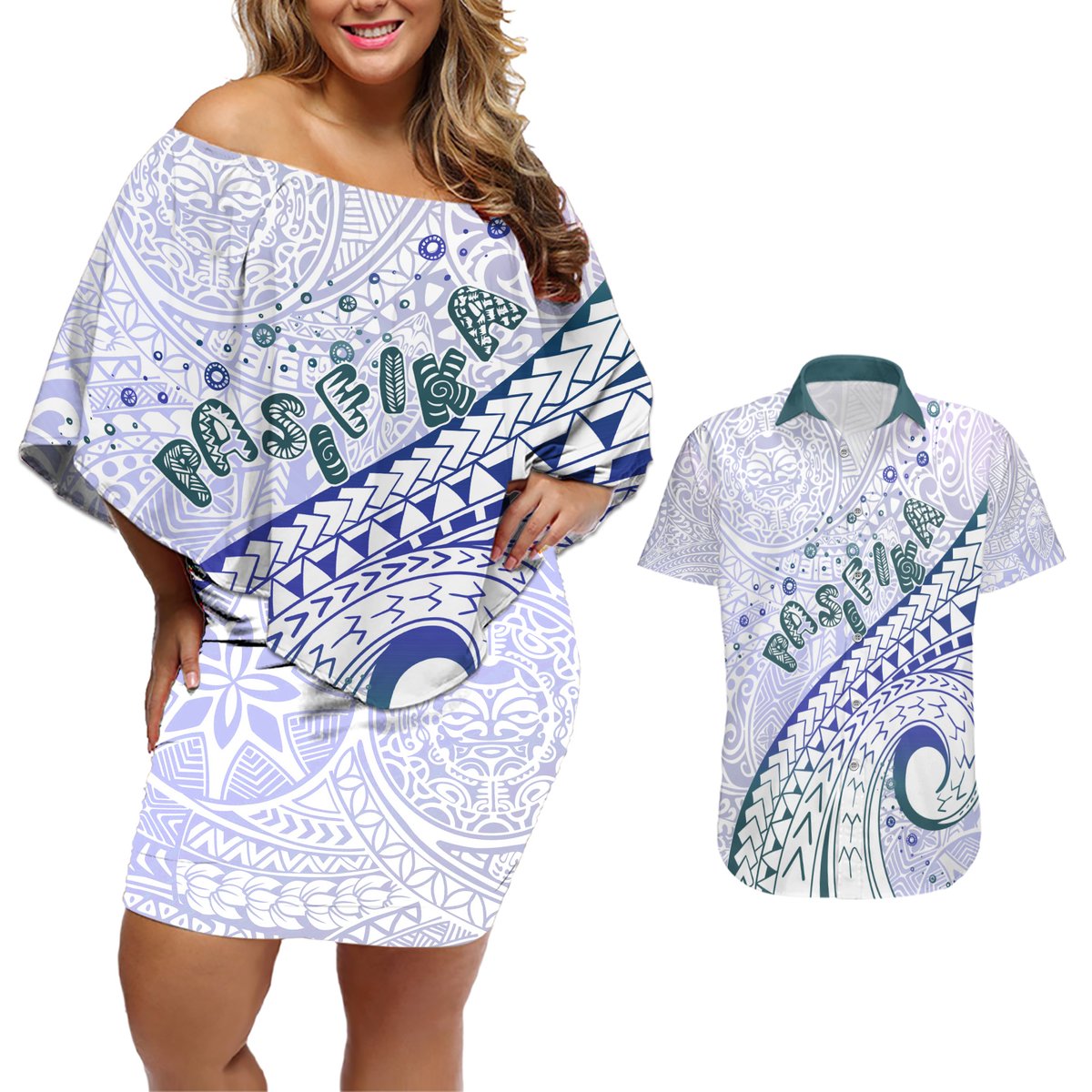 Pasifika Festival Couples Matching Off Shoulder Short Dress and Hawaiian Shirt Tribal Pattern Violet Version LT01 Purple - Polynesian Pride