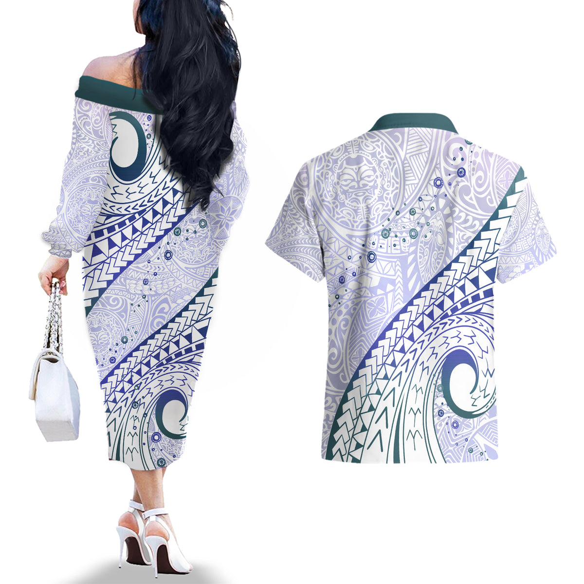 Pasifika Festival Couples Matching Off The Shoulder Long Sleeve Dress and Hawaiian Shirt Tribal Pattern Violet Version LT01 - Polynesian Pride
