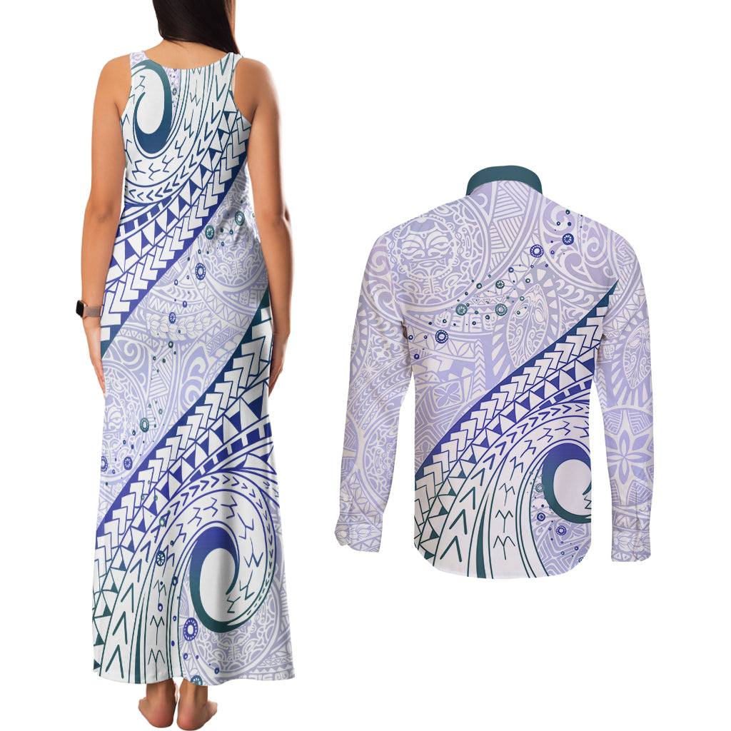 Pasifika Festival Couples Matching Tank Maxi Dress and Long Sleeve Button Shirt Tribal Pattern Violet Version LT01 - Polynesian Pride