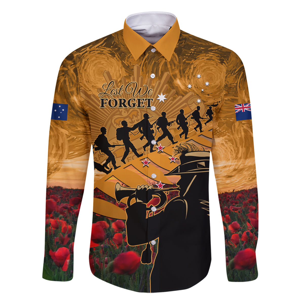 ANZAC Day 2024 Family Matching Off Shoulder Maxi Dress and Hawaiian Shirt Silver Fern With A Trumpet Soldier LT01 Dad's Shirt - Long Sleeve Art - Polynesian Pride
