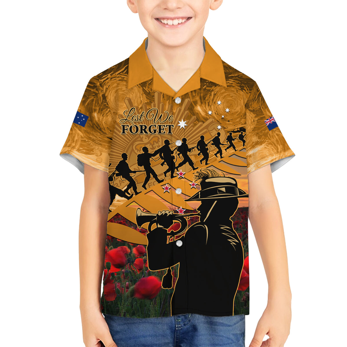 ANZAC Day 2024 Family Matching Summer Maxi Dress and Hawaiian Shirt Silver Fern With A Trumpet Soldier LT01 Son's Shirt Art - Polynesian Pride