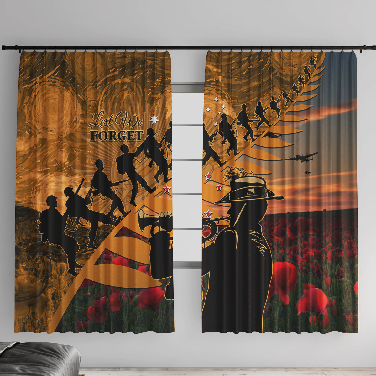 ANZAC Day 2024 Window Curtain Silver Fern With A Trumpet Soldier LT01 With Hooks Art - Polynesian Pride
