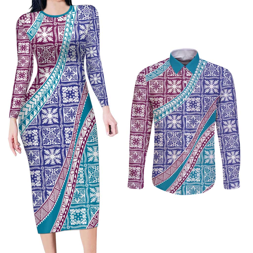 Hawaiian Quilt Pattern Couples Matching Long Sleeve Bodycon Dress and Long Sleeve Button Shirt Purple Blue Color Mixed LT01 Purple - Polynesian Pride
