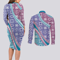 Hawaiian Quilt Pattern Couples Matching Long Sleeve Bodycon Dress and Long Sleeve Button Shirt Purple Blue Color Mixed LT01 - Polynesian Pride