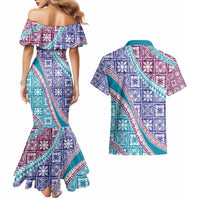 Hawaiian Quilt Pattern Couples Matching Mermaid Dress and Hawaiian Shirt Purple Blue Color Mixed - Polynesian Pride
