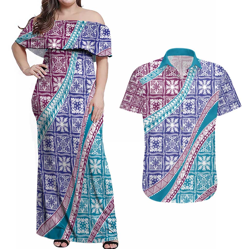 Hawaiian Quilt Pattern Couples Matching Off Shoulder Maxi Dress and Hawaiian Shirt Purple Blue Color Mixed LT01 Purple - Polynesian Pride