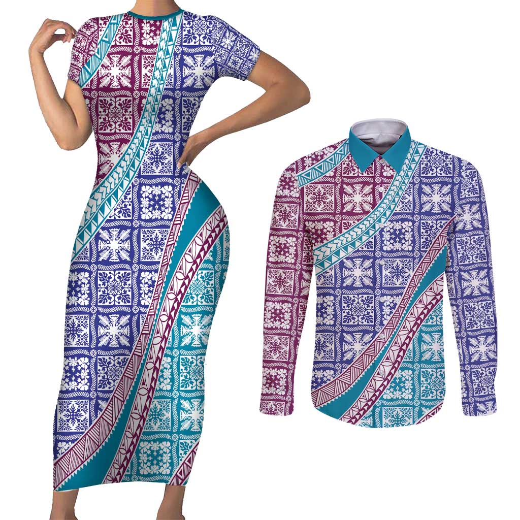 Hawaiian Quilt Pattern Couples Matching Short Sleeve Bodycon Dress and Long Sleeve Button Shirt Purple Blue Color Mixed LT01 Purple - Polynesian Pride