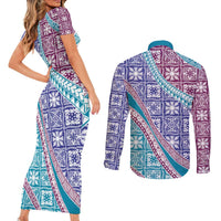 Hawaiian Quilt Pattern Couples Matching Short Sleeve Bodycon Dress and Long Sleeve Button Shirt Purple Blue Color Mixed LT01 - Polynesian Pride