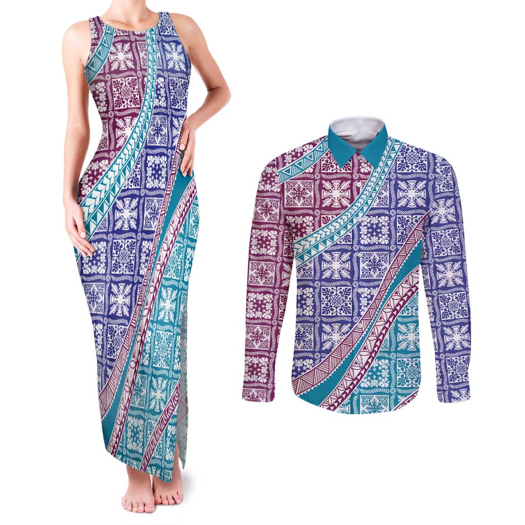 Hawaiian Quilt Pattern Couples Matching Tank Maxi Dress and Long Sleeve Button Shirt Purple Blue Color Mixed - Polynesian Pride