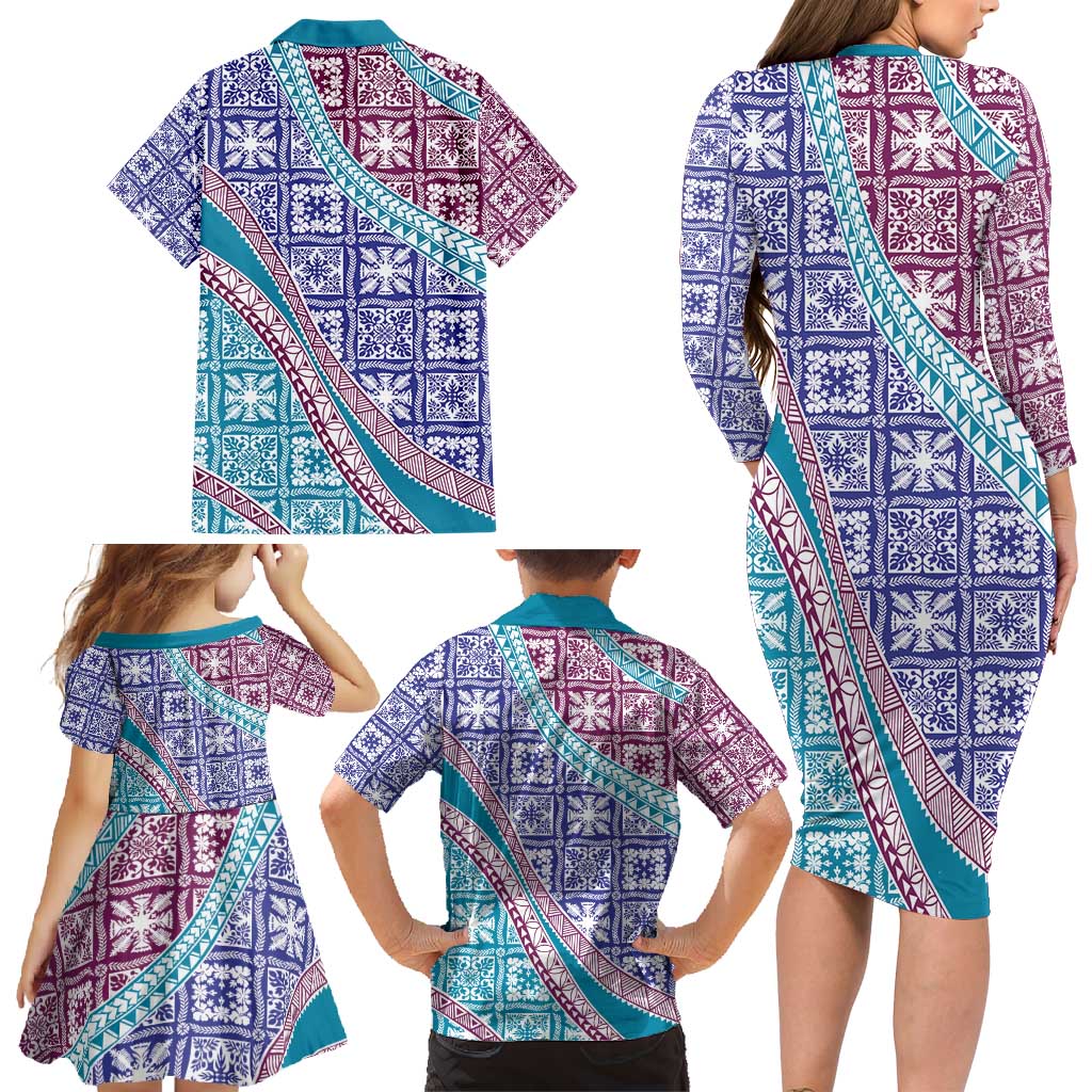 Hawaiian Quilt Pattern Family Matching Long Sleeve Bodycon Dress and Hawaiian Shirt Purple Blue Color Mixed LT01 - Polynesian Pride