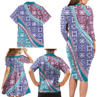Hawaiian Quilt Pattern Family Matching Long Sleeve Bodycon Dress and Hawaiian Shirt Purple Blue Color Mixed LT01 - Polynesian Pride