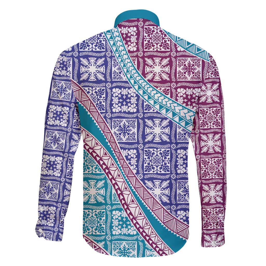 Hawaiian Quilt Pattern Family Matching Long Sleeve Bodycon Dress and Hawaiian Shirt Purple Blue Color Mixed LT01 - Polynesian Pride