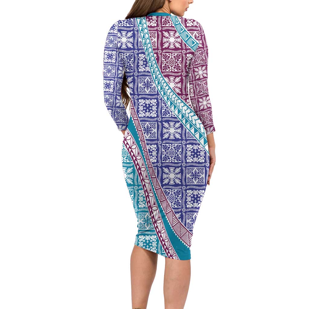 Hawaiian Quilt Pattern Family Matching Long Sleeve Bodycon Dress and Hawaiian Shirt Purple Blue Color Mixed LT01 - Polynesian Pride