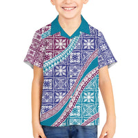Hawaiian Quilt Pattern Family Matching Long Sleeve Bodycon Dress and Hawaiian Shirt Purple Blue Color Mixed LT01 Son's Shirt Purple - Polynesian Pride