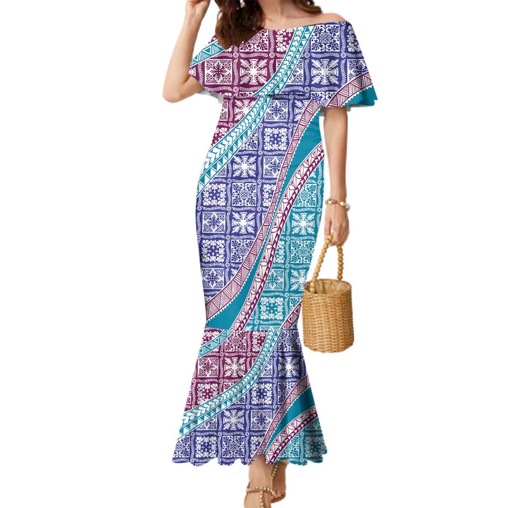 Hawaiian Quilt Pattern Family Matching Mermaid Dress and Hawaiian Shirt Purple Blue Color Mixed - Polynesian Pride