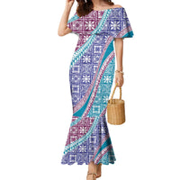 Hawaiian Quilt Pattern Family Matching Mermaid Dress and Hawaiian Shirt Purple Blue Color Mixed - Polynesian Pride
