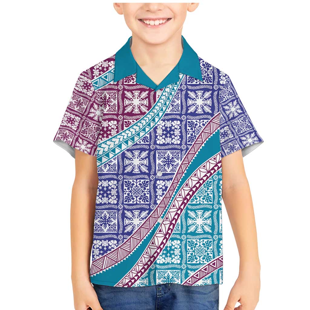 Hawaiian Quilt Pattern Family Matching Mermaid Dress and Hawaiian Shirt Purple Blue Color Mixed - Polynesian Pride