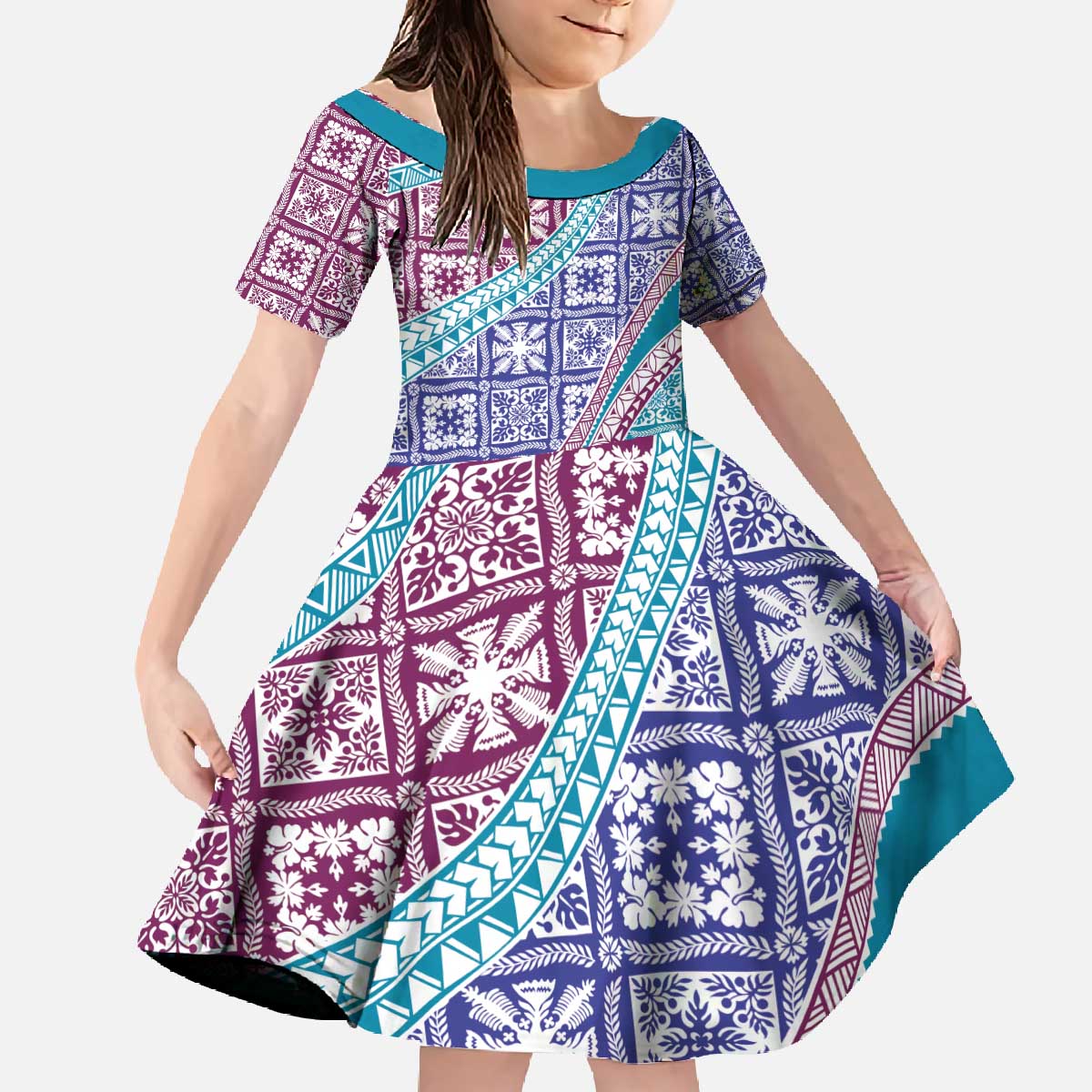 Hawaiian Quilt Pattern Family Matching Off The Shoulder Long Sleeve Dress and Hawaiian Shirt Purple Blue Color Mixed LT01 Daughter's Dress Purple - Polynesian Pride