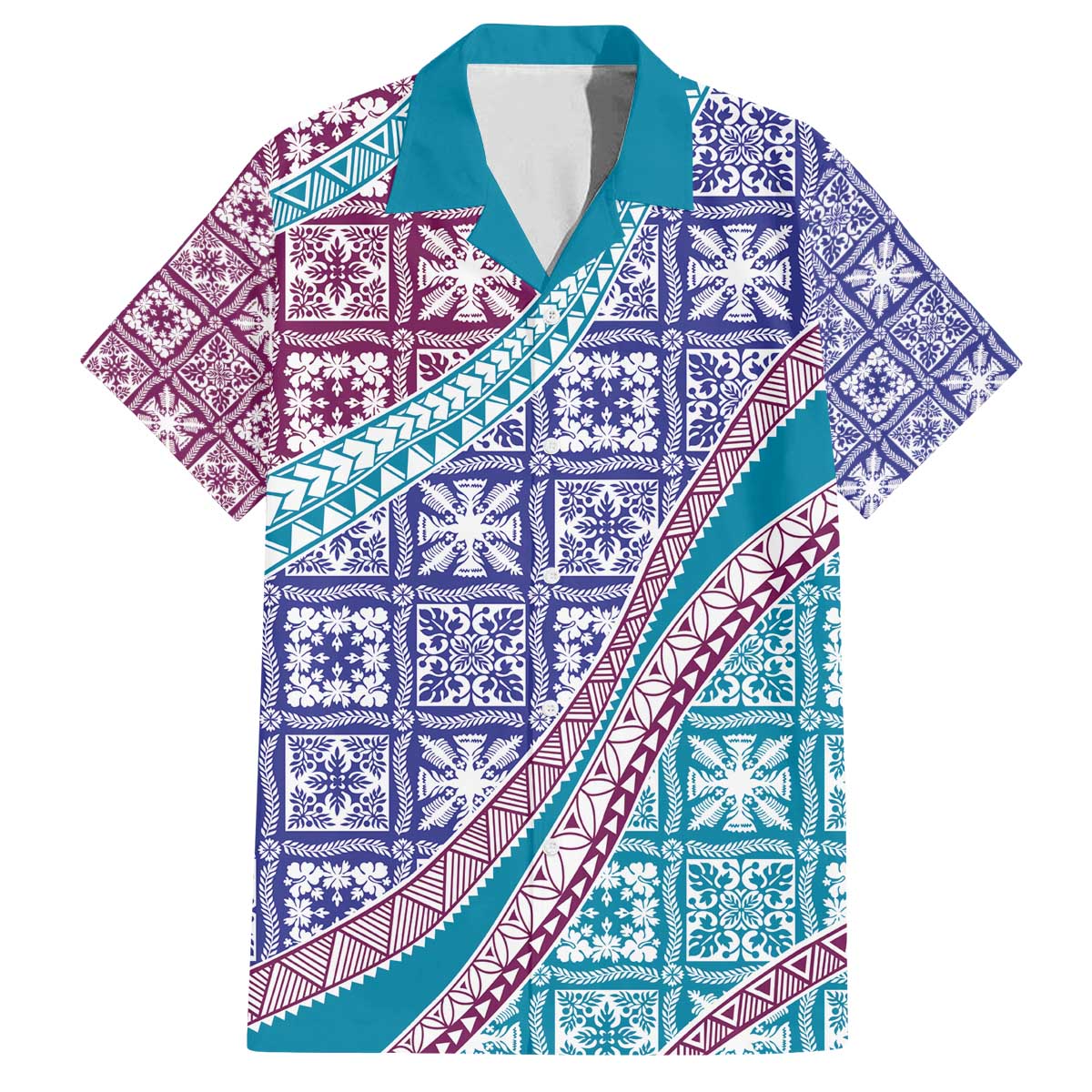Hawaiian Quilt Pattern Family Matching Off The Shoulder Long Sleeve Dress and Hawaiian Shirt Purple Blue Color Mixed LT01 Dad's Shirt - Short Sleeve Purple - Polynesian Pride