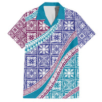 Hawaiian Quilt Pattern Family Matching Off The Shoulder Long Sleeve Dress and Hawaiian Shirt Purple Blue Color Mixed LT01 Dad's Shirt - Short Sleeve Purple - Polynesian Pride