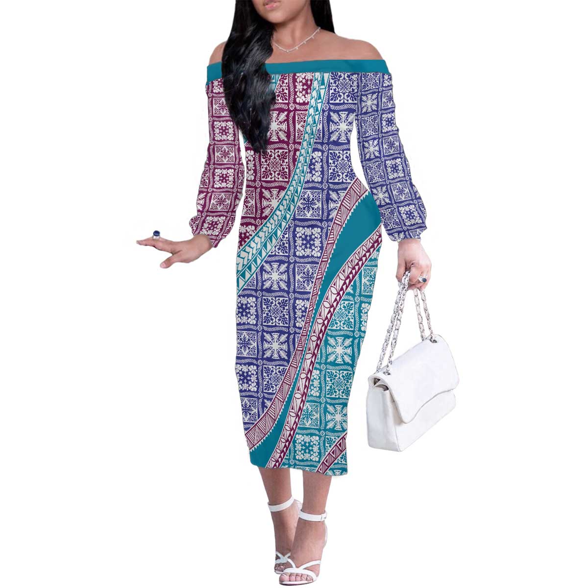 Hawaiian Quilt Pattern Family Matching Off The Shoulder Long Sleeve Dress and Hawaiian Shirt Purple Blue Color Mixed LT01 Mom's Dress Purple - Polynesian Pride