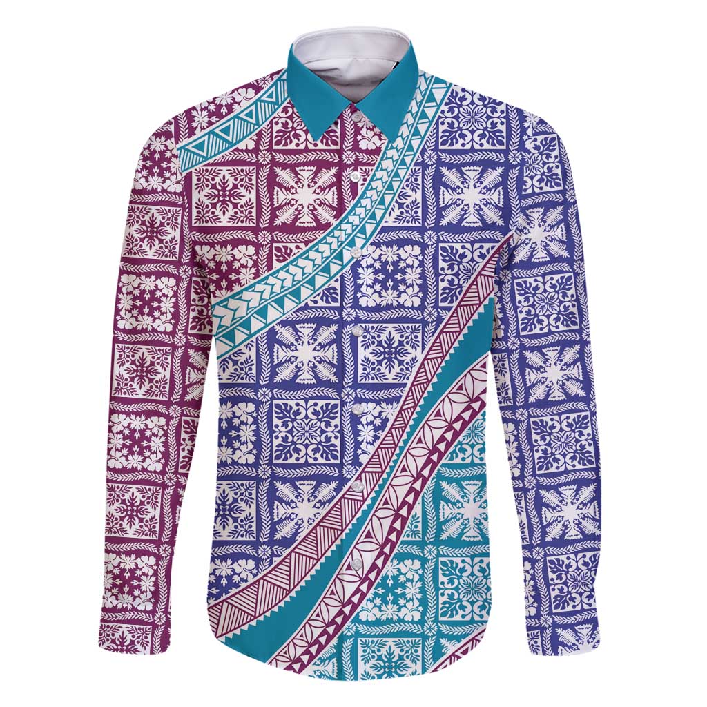 Hawaiian Quilt Pattern Family Matching Off Shoulder Short Dress and Hawaiian Shirt Purple Blue Color Mixed - Polynesian Pride