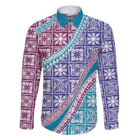 Hawaiian Quilt Pattern Family Matching Off Shoulder Short Dress and Hawaiian Shirt Purple Blue Color Mixed - Polynesian Pride