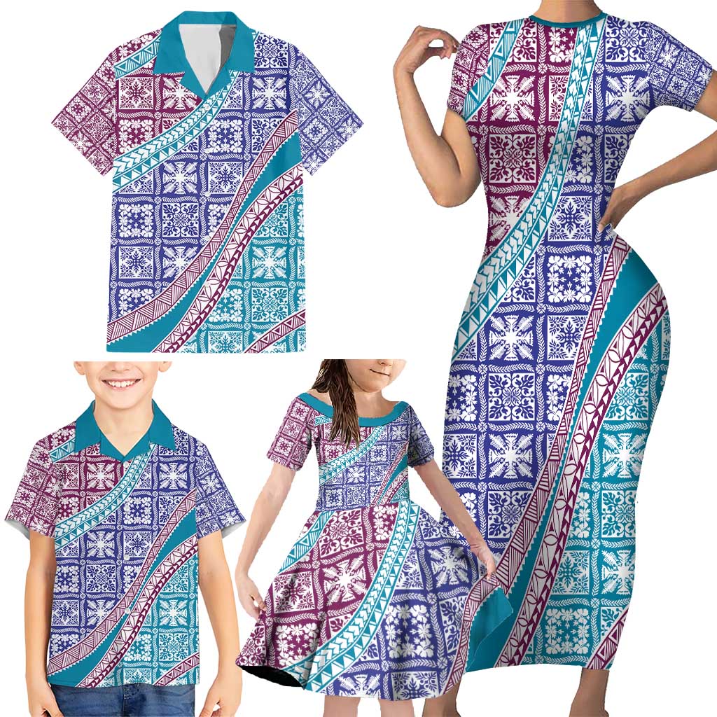 Hawaiian Quilt Pattern Family Matching Short Sleeve Bodycon Dress and Hawaiian Shirt Purple Blue Color Mixed LT01 - Polynesian Pride