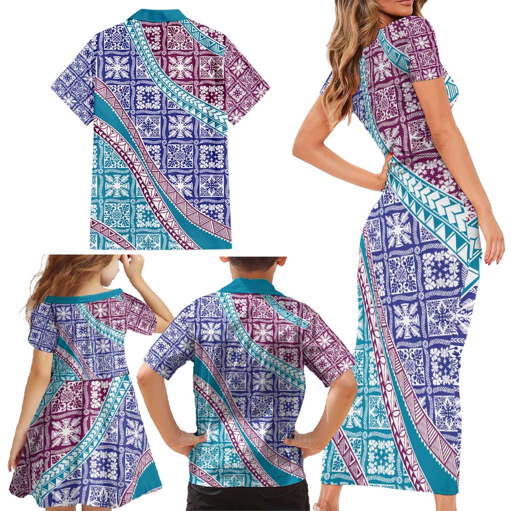 Hawaiian Quilt Pattern Family Matching Short Sleeve Bodycon Dress and Hawaiian Shirt Purple Blue Color Mixed LT01 - Polynesian Pride
