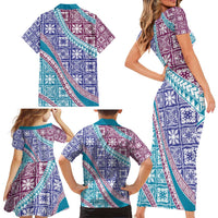 Hawaiian Quilt Pattern Family Matching Short Sleeve Bodycon Dress and Hawaiian Shirt Purple Blue Color Mixed LT01 - Polynesian Pride