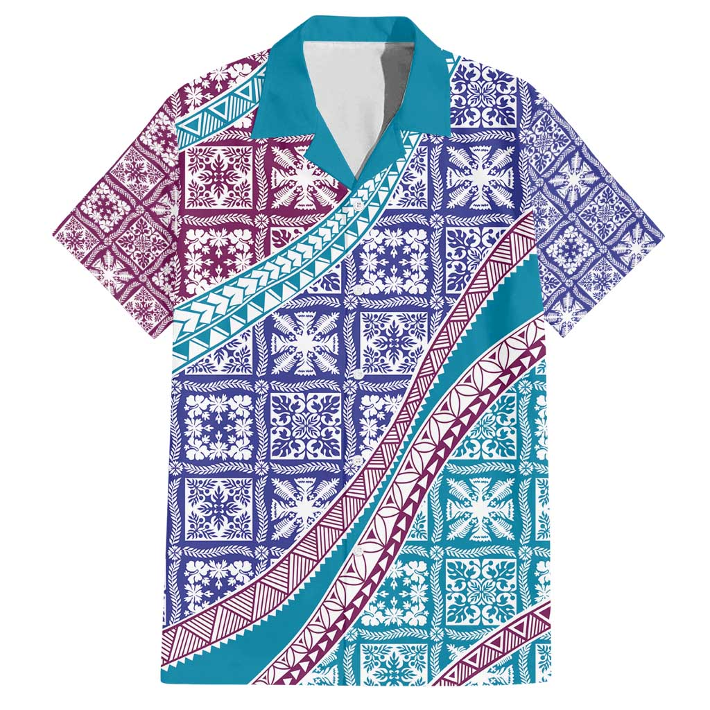 Hawaiian Quilt Pattern Family Matching Tank Maxi Dress and Hawaiian Shirt Purple Blue Color Mixed - Polynesian Pride