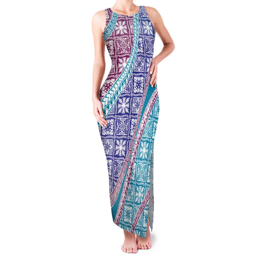 Hawaiian Quilt Pattern Family Matching Tank Maxi Dress and Hawaiian Shirt Purple Blue Color Mixed - Polynesian Pride