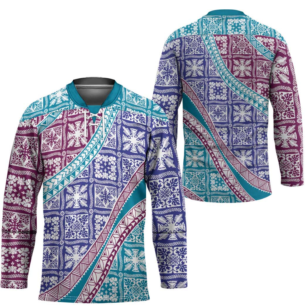Hawaiian Quilt Pattern Hockey Jersey Purple Blue Color Mixed - Polynesian Pride