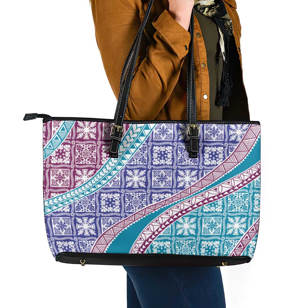 Hawaiian Quilt Pattern Leather Tote Bag Purple Blue Color Mixed - Polynesian Pride