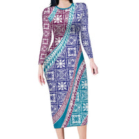 Hawaiian Quilt Pattern Long Sleeve Bodycon Dress Purple Blue Color Mixed LT01 Long Dress Purple - Polynesian Pride