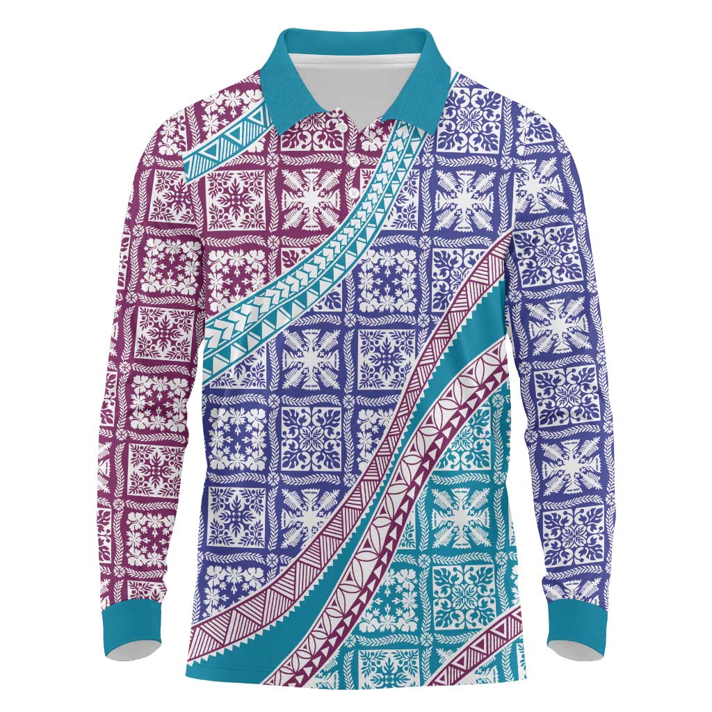 Hawaiian Quilt Pattern Long Sleeve Polo Shirt Purple Blue Color Mixed LT01 Purple - Polynesian Pride