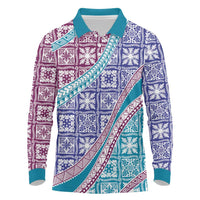 Hawaiian Quilt Pattern Long Sleeve Polo Shirt Purple Blue Color Mixed LT01 Purple - Polynesian Pride