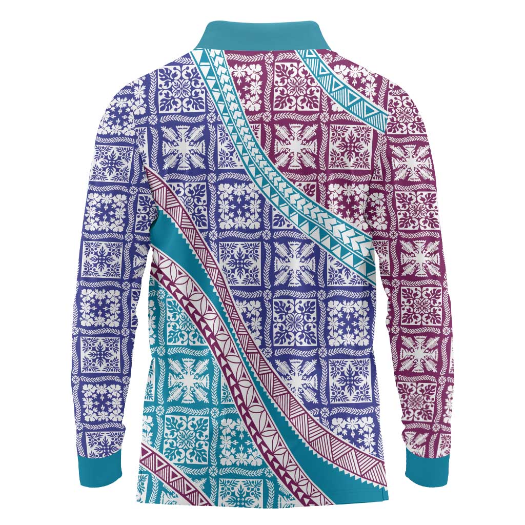 Hawaiian Quilt Pattern Long Sleeve Polo Shirt Purple Blue Color Mixed LT01 - Polynesian Pride