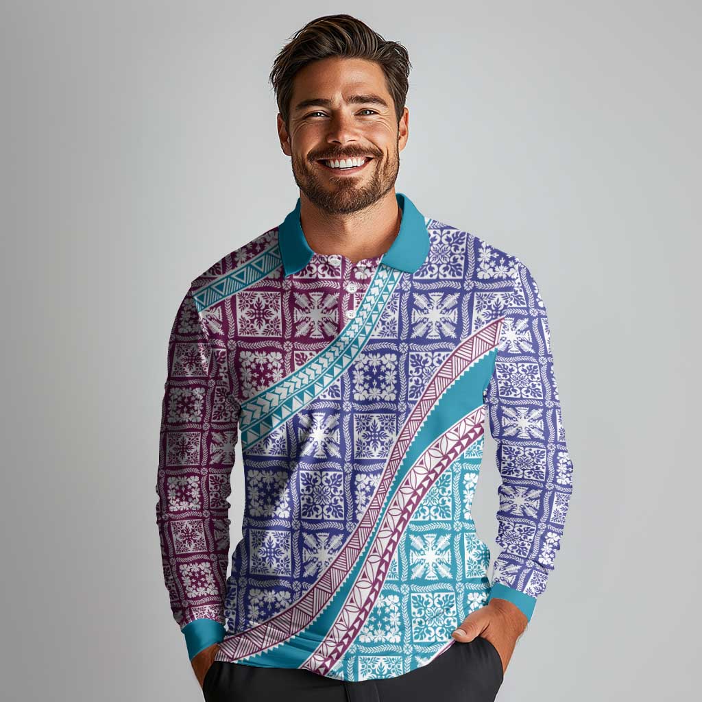 Hawaiian Quilt Pattern Long Sleeve Polo Shirt Purple Blue Color Mixed LT01 - Polynesian Pride