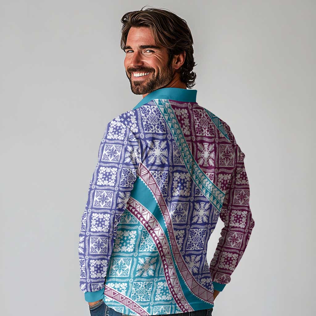 Hawaiian Quilt Pattern Long Sleeve Polo Shirt Purple Blue Color Mixed LT01 - Polynesian Pride
