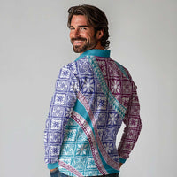Hawaiian Quilt Pattern Long Sleeve Polo Shirt Purple Blue Color Mixed LT01 - Polynesian Pride