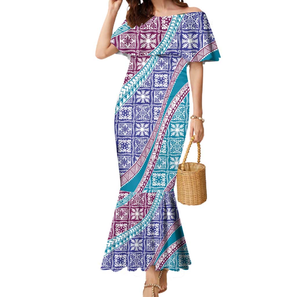 Hawaiian Quilt Pattern Mermaid Dress Purple Blue Color Mixed - Polynesian Pride