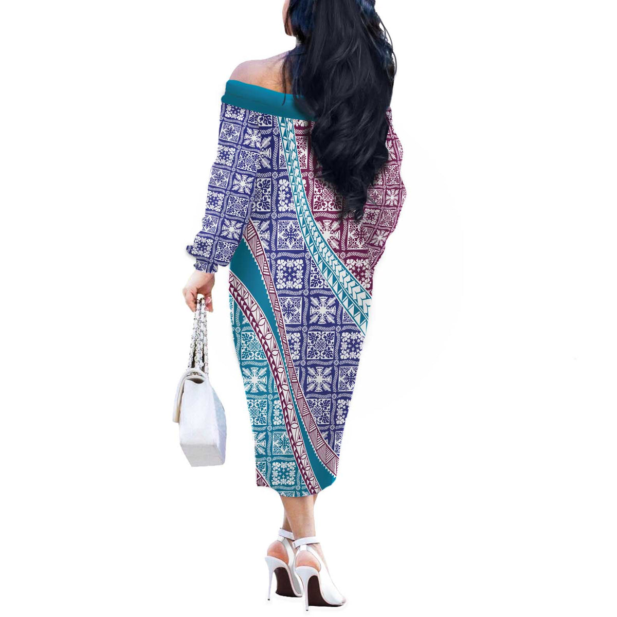 Hawaiian Quilt Pattern Off The Shoulder Long Sleeve Dress Purple Blue Color Mixed - Polynesian Pride