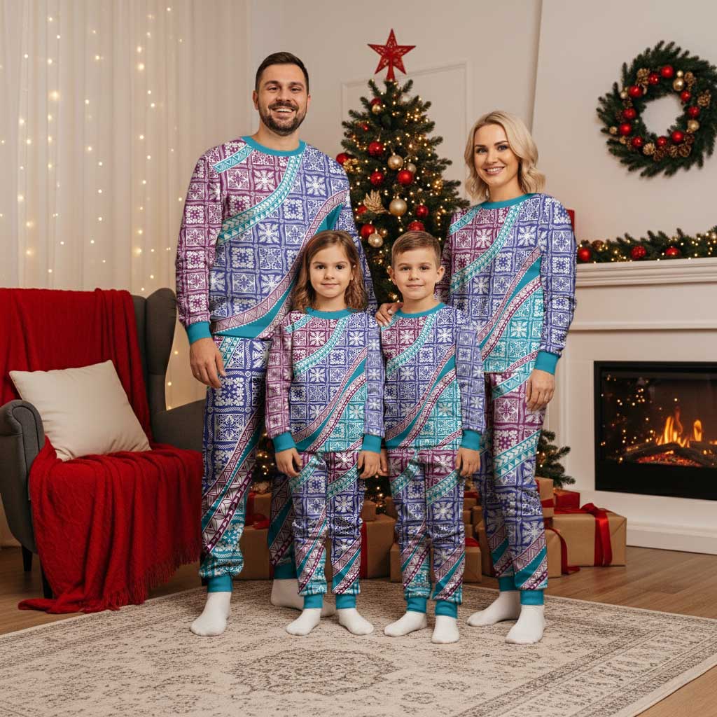 Hawaiian Quilt Pattern Christmas Pajama Set Purple Blue Color Mixed - Polynesian Pride
