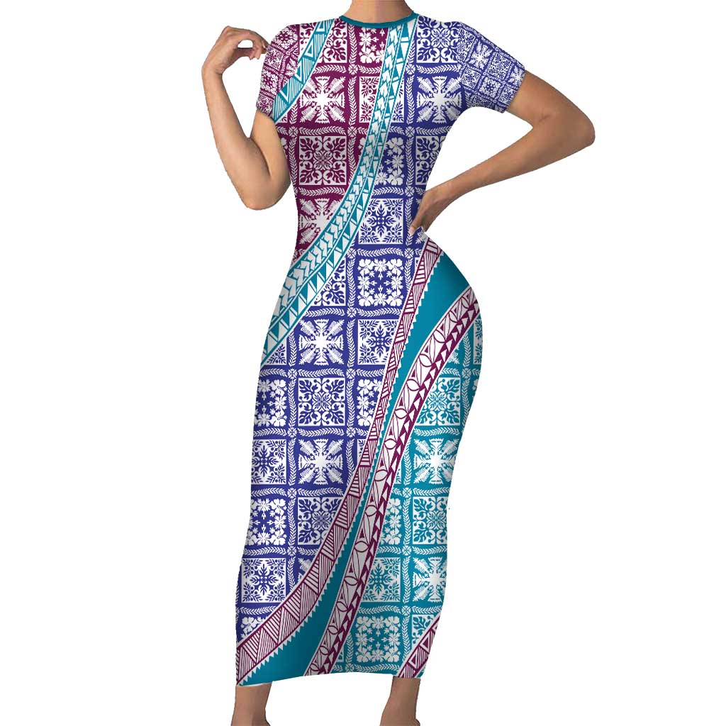 Hawaiian Quilt Pattern Short Sleeve Bodycon Dress Purple Blue Color Mixed LT01 Long Dress Purple - Polynesian Pride