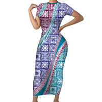 Hawaiian Quilt Pattern Short Sleeve Bodycon Dress Purple Blue Color Mixed LT01 Long Dress Purple - Polynesian Pride