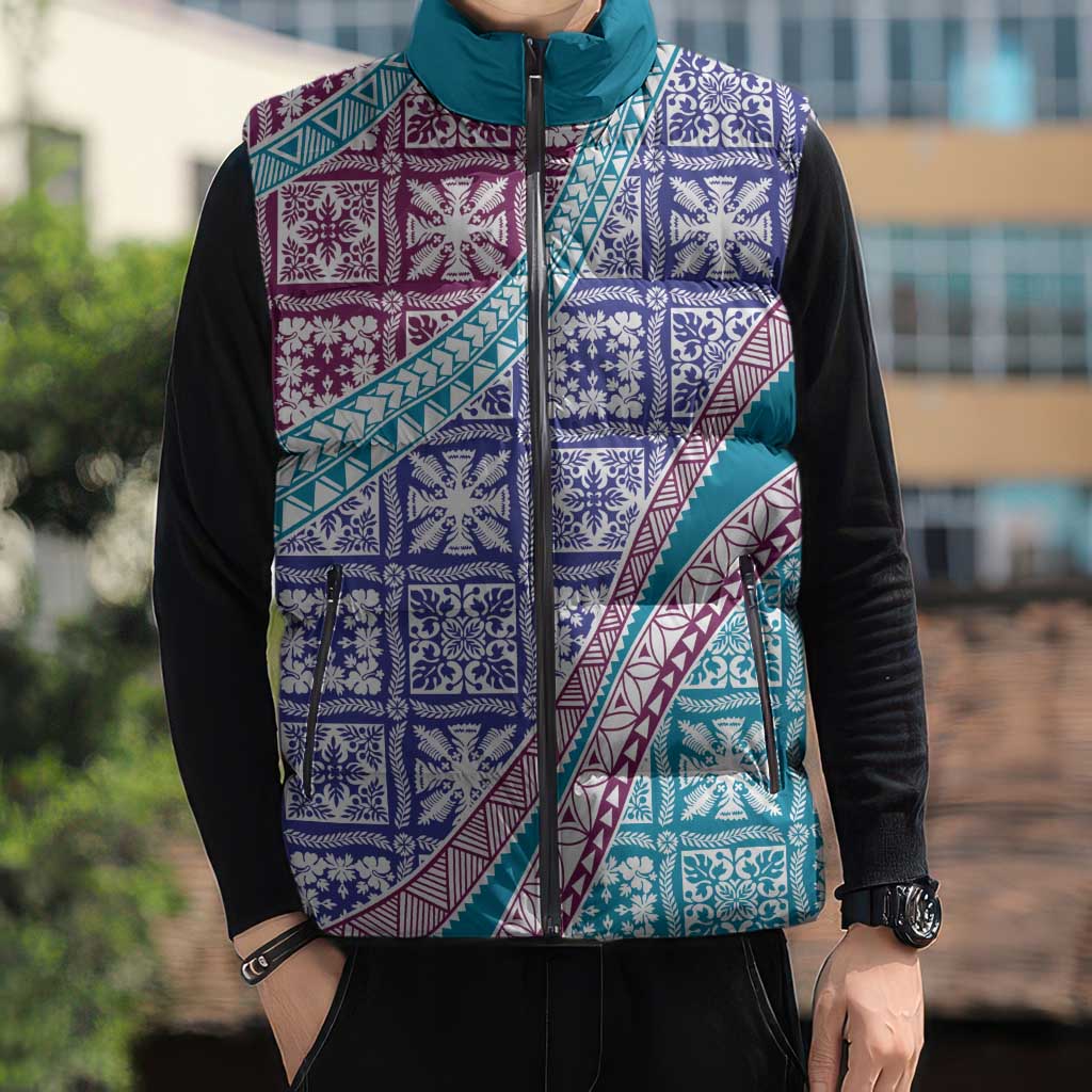 Hawaiian Quilt Pattern Sleeveless Puffer Jacket Purple Blue Color Mixed - Polynesian Pride